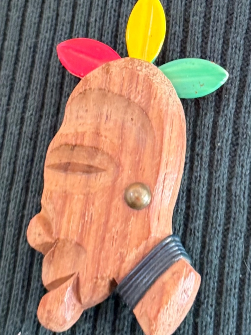 Vintage Hand-Carved Wooden Tribal Face Brooch with Vintage Feather Accents